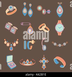 Set icons jewelry in vector. Multicolored cartoon flat icons isolated on brown background Stock Vector