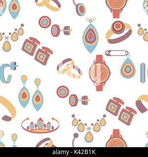Jewelry seamless pattern, vector background. Multicolored cartoon decoration items on a white backdrop. For fabric design, wallpapers, wrappers, decor Stock Vector