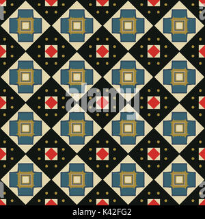 Seamless illustrated pattern made of abstract elements in beige, blue, red, gold and black Stock Photo