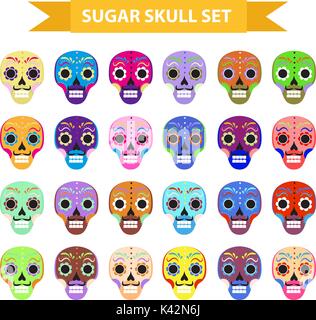 Day of the dead holiday in mexico icons set with sugar skulls. Flat style. Skeleton collection. Dia de Muertos concept. Vector illustration. Stock Vector