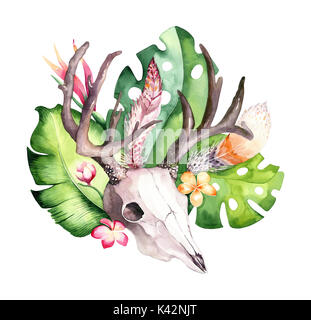 Watercolor bohemian cow skull and tropic palm leaves. Western deer ...