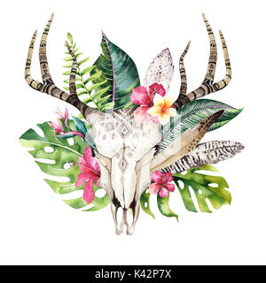 Watercolor bohemian cow skull and tropic palm leaves. Western deer ...