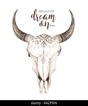 Watercolor bohemian cow skull and tropic palm leaves. Western deer ...