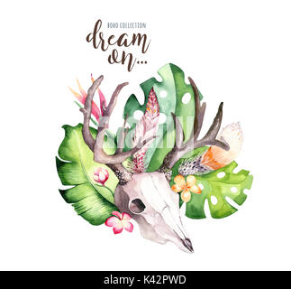 Watercolor bohemian cow skull and tropic palm leaves. Western deer ...