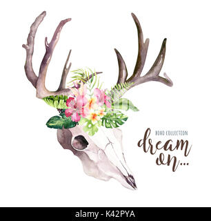 Watercolor bohemian cow skull and tropic palm leaves. Western deer ...