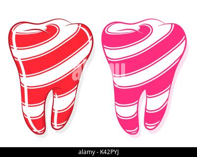Candy Striped Teeth depicting the idiom to have a sweet tooth, cartoon illustration on white Stock Vector