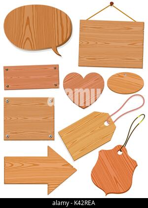 Set of wood icons with speech bubbles, tags, boards, a heart and an arrow in various shapes and sizes - illustration Stock Vector