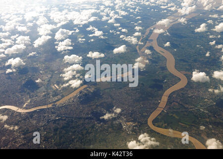 Aerial view of Dordogne river and Garonne river, surrounding countryside , with half clouded cover, France, Europe. Stock Photo