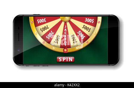 Gold realistic wheel of fortune with smartphone isolated on white. 3d Casino online lucky roulette vector illustration Stock Vector