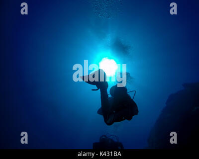 Group of scuba divers ascending. A backlit scuba diver silhouette. View of the scuba diver and air bubbles underwater in the deep blue sea against the Stock Photo