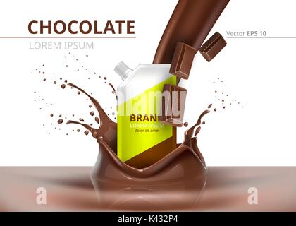 Chocolate package mock up Vector realistic on splash backgrounds Stock Vector