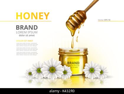 Honey jar Vector realistic mock up. Advertise commertial package on chamomile flower backgrounds Stock Vector