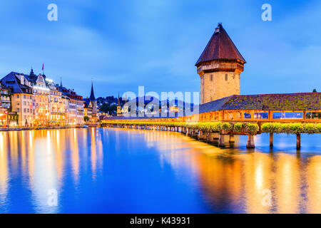 Lucerne, Switzerland. Historic city center with its famous Chapel Bridge and Water Tower.(Vierwaldstattersee) Stock Photo