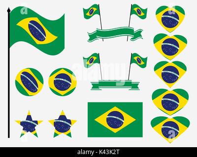Brazil flag set. Collection of symbols, flag in heart. Vector illustration Stock Vector