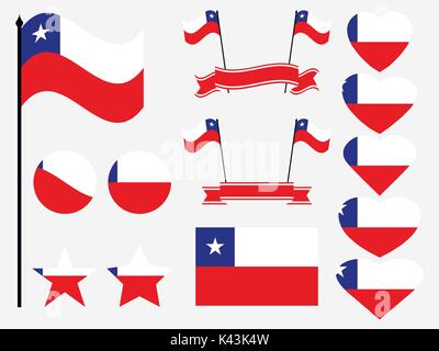 Chile flag set symbols, flag in heart. Vector illustration Stock Vector