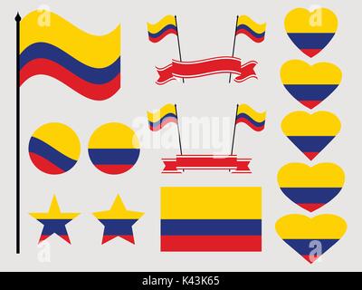 Colombia flag set. Collection of symbols, flag in heart. Vector illustration Stock Vector