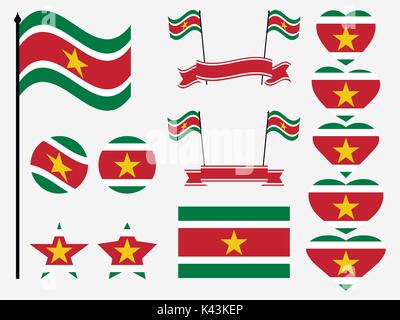 Suriname flag set symbols, flag in heart. Vector illustration Stock Vector