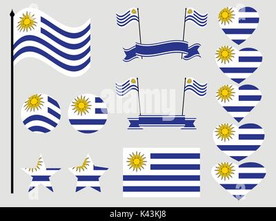Uruguay flag set symbols, flag in heart. Vector illustration Stock Vector