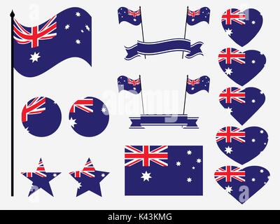 Australia flag set. Collection of symbols, flag in heart. Vector illustration Stock Vector