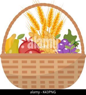 Vegetables and fruit in a wicker basket icon of a flat style. Isolated on white background. Vector illustration Stock Vector