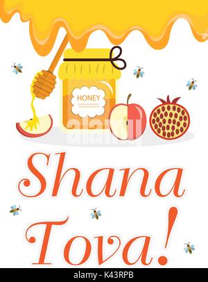 Greeting card for the Jewish New Year Rosh Hashanah, Shana Tova. Honey and apples, pomegranates. Vector illustration Stock Vector