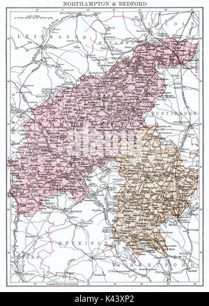 Antique map, circa 1875, of Northamptonshire & Bedfordshire Stock Photo