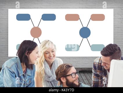 Digital composite of Group meeting and Colorful mind map over whiteboard background Stock Photo