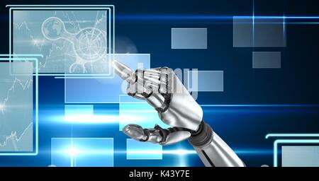 Digital composite of Robot hand interacting with technology interface panels Stock Photo