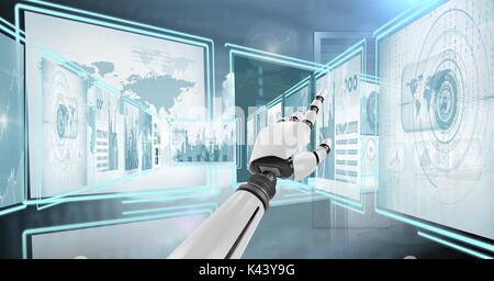 Digital composite of Robot hand interacting with technology interface panels Stock Photo