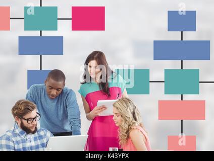 Digital composite of Group meeting with mind map and computers Stock Photo