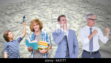 Digital composite of Man Growing up at different age stages of life with money Stock Photo