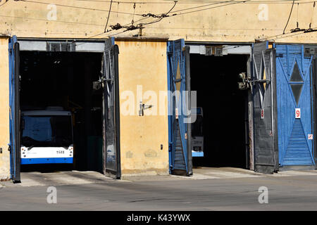 St. Petersburg, Russia - August 17, 2015: Trolley bus depot during the demonstration of the new cashless ticketing system supported MasterCard PayPass Stock Photo