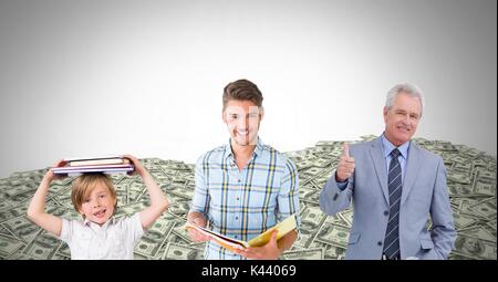 Digital composite of educated men of age generations growing up with money dollars Stock Photo