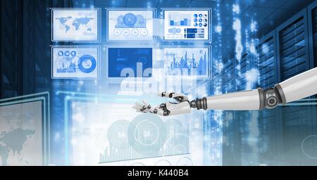 Digital composite of Robot hand interacting with technology interface panels Stock Photo
