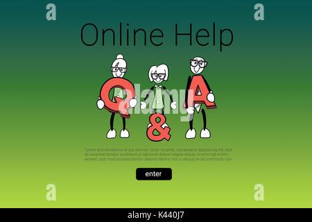 Human representations with letters and online help text against green abstract background Stock Photo