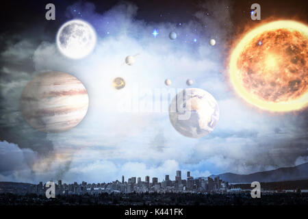 Composite image of solar system against white background against cityscape against sky in 3d Stock Photo