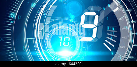 Virus background against interfaces dial with countdown in dark blue background with light blue radiance Stock Photo