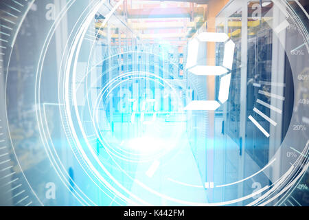 Interfaces dial with countdown in dark blue background with light blue radiance  against image of data center Stock Photo