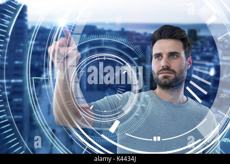 Man touching invisible screen against circle interface with percentage in blue background Stock Photo