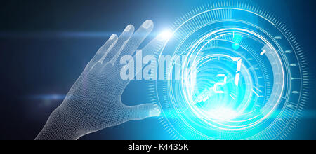 3d illustration of hand  against interface dial with numbers in dark blue background with light blue radiance Stock Photo