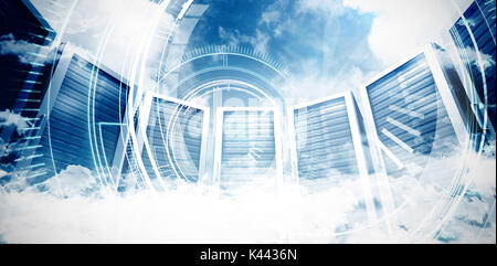 Circle interface with percentage in blue background against servers in the clouds Stock Photo