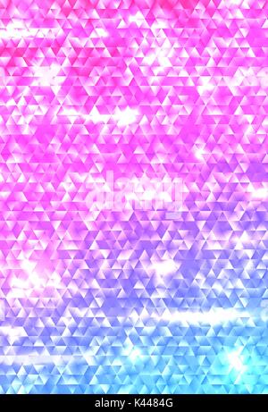 Glowing vertical geometric gradient triangle mosaic background. Template for cover, brochure, flyer, banner, poster. Abstract electric colorful vector backdrop with flares and sparkles. Stock Vector