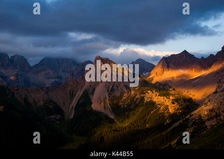 Europe,Italy,Trentino,Dolomites,Fassa Valley. Col Ombert at sunset Stock Photo