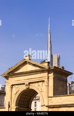 Milan, Porta Nuova District, Lombardy, Italy. The Porta Nuova and on the background the Unicredit Tower Stock Photo