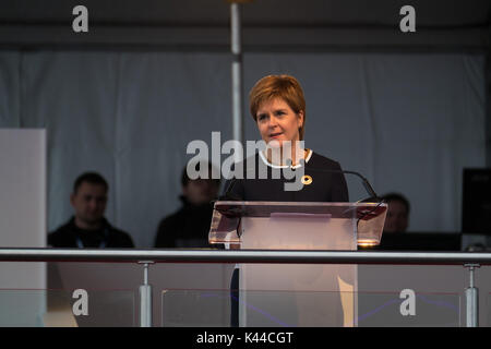 North Queensferry, Fife, UK. 04th Sep, 2017. The official opening of the Queensferry Nicola Sturgeon first minister of scotland addressing the audience Credit: Richard Newton/Alamy Live News Stock Photo