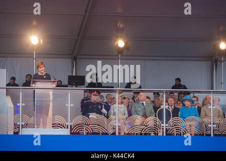 North Queensferry, Fife, UK. 04th Sep, 2017. The official opening of the Queensferry Nicola Sturgeon first minister of scotland addressing the audience Credit: Richard Newton/Alamy Live News Stock Photo