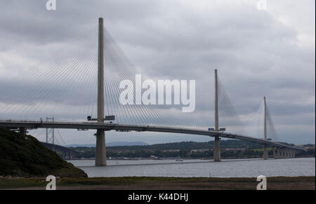 London, UK. 4th Sep, 2017. Photo taken on Sept. 3, 2017 shows the Queensferry Crossing, a new road bridge spanning the Firth of Forth from Queensferry to North Queensferry, in Queensferry, west of Edinburgh, Scotland, Britain. Credit: Xinhua/Alamy Live News Stock Photo