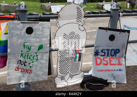London, UK. 4th Sep, 2017. Props used by campaigners against the arms trade and the supply of arms to Israel protesting outside the ExCel Centre in advance of the DSEI arms fair. Credit: Mark Kerrison/Alamy Live News Stock Photo