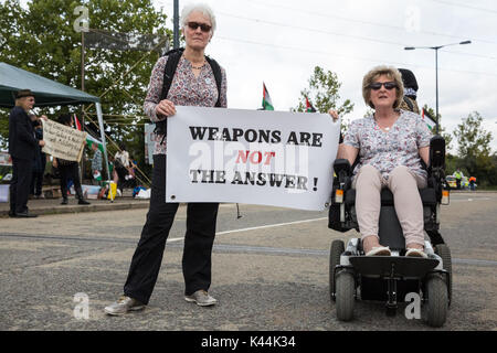 London, UK. 4th Sep, 2017. Campaigners against the arms trade and the supply of arms to Israel protest outside the ExCel Centre which will host the DSEI arms fair next week. Credit: Mark Kerrison/Alamy Live News Stock Photo
