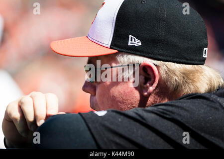 Baltimore, Maryland, USA. 04th Sep, 2017. Baltimore Orioles manager Buck Showalter looks on during MLB game between New York Yankees and Baltimore Orioles at Oriole Park at Camden Yards in Baltimore, Maryland. Scott Taetsch/CSM/Alamy Live News Stock Photo